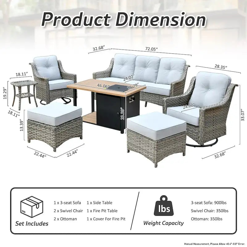 OVIOS 7 Pieces Outdoor Wicker Curved Swivel Chair Set With Fire Table