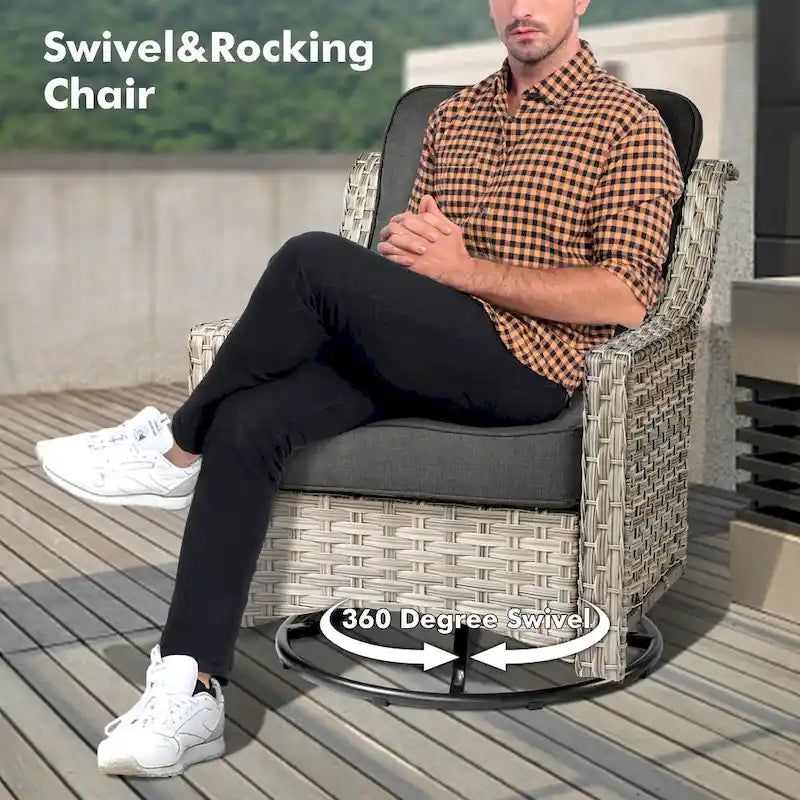 OVIOS 7 Pieces Outdoor Wicker Curved Swivel Chair Set With Fire Table