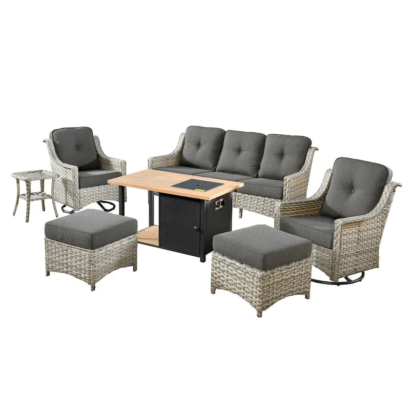 OVIOS 7 Pieces Outdoor Wicker Curved Swivel Chair Set With Fire Table