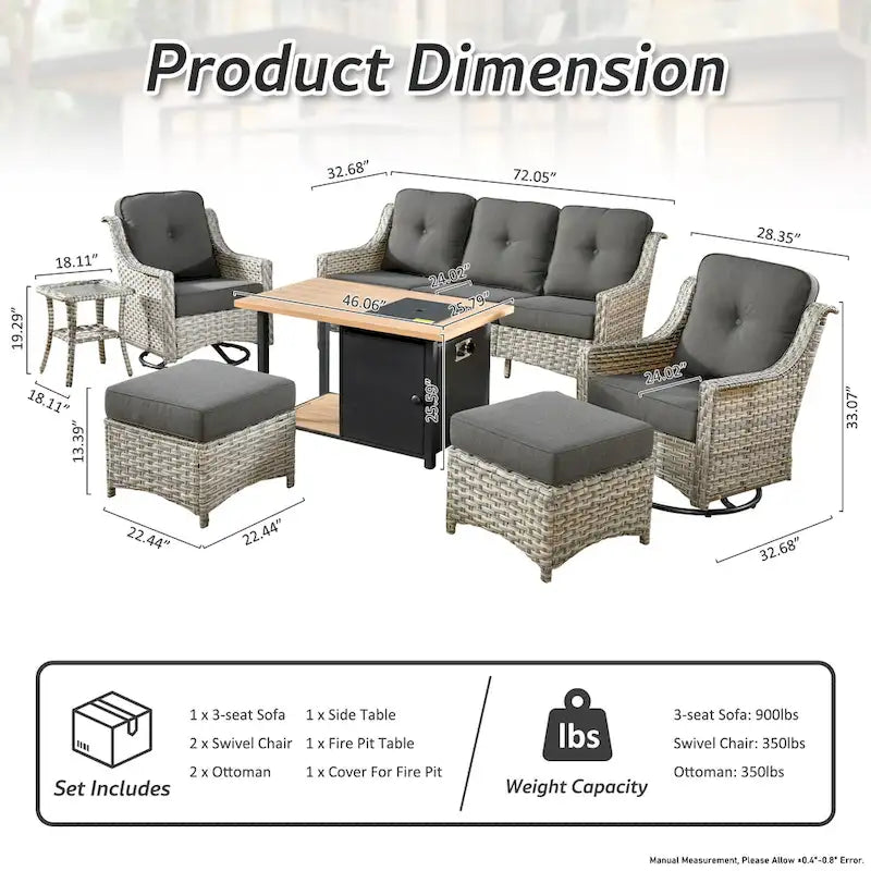 OVIOS 7 Pieces Outdoor Wicker Curved Swivel Chair Set With Fire Table