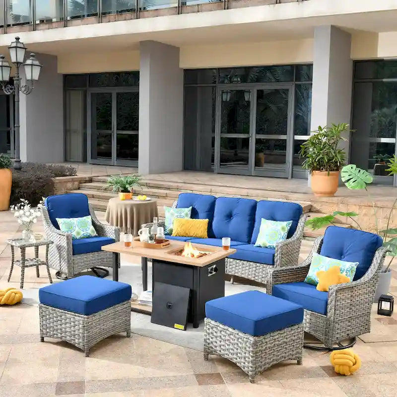 OVIOS 7 Pieces Outdoor Wicker Curved Swivel Chair Set With Fire Table