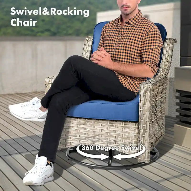 OVIOS 7 Pieces Outdoor Wicker Curved Swivel Chair Set With Fire Table