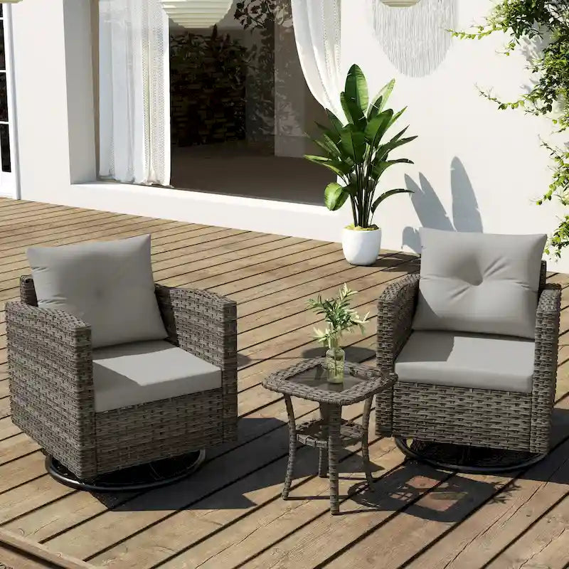 Outdoor 3-piece Swivel Chair Cushioned Rattan Conversation Set