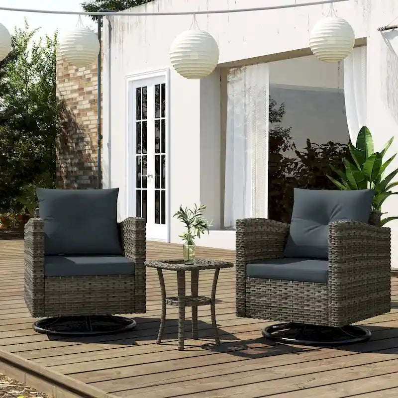 Outdoor 3-piece Swivel Chair Cushioned Rattan Conversation Set