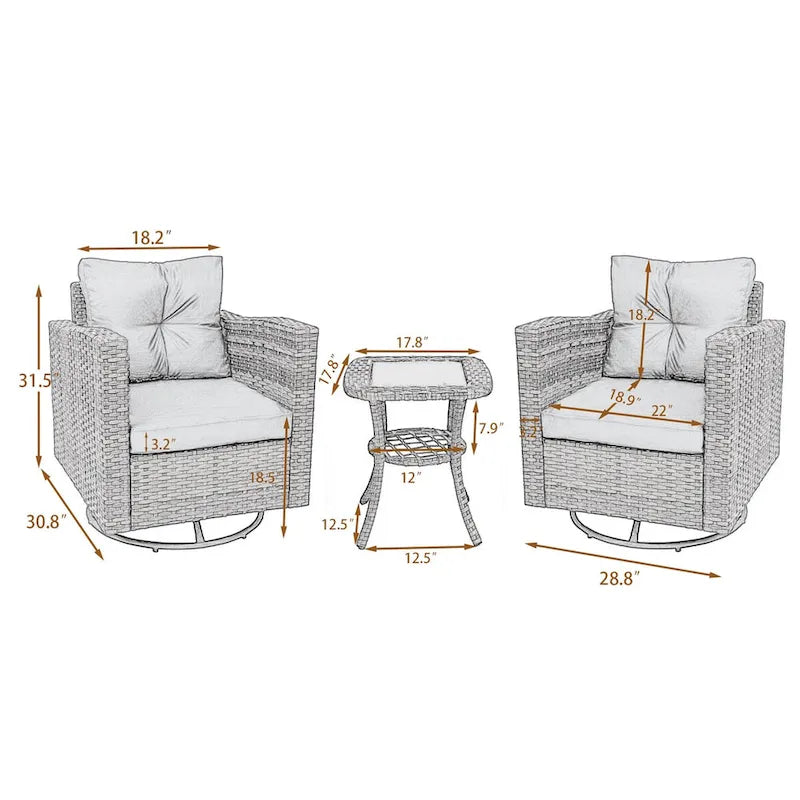 Outdoor 3-piece Swivel Chair Cushioned Rattan Conversation Set
