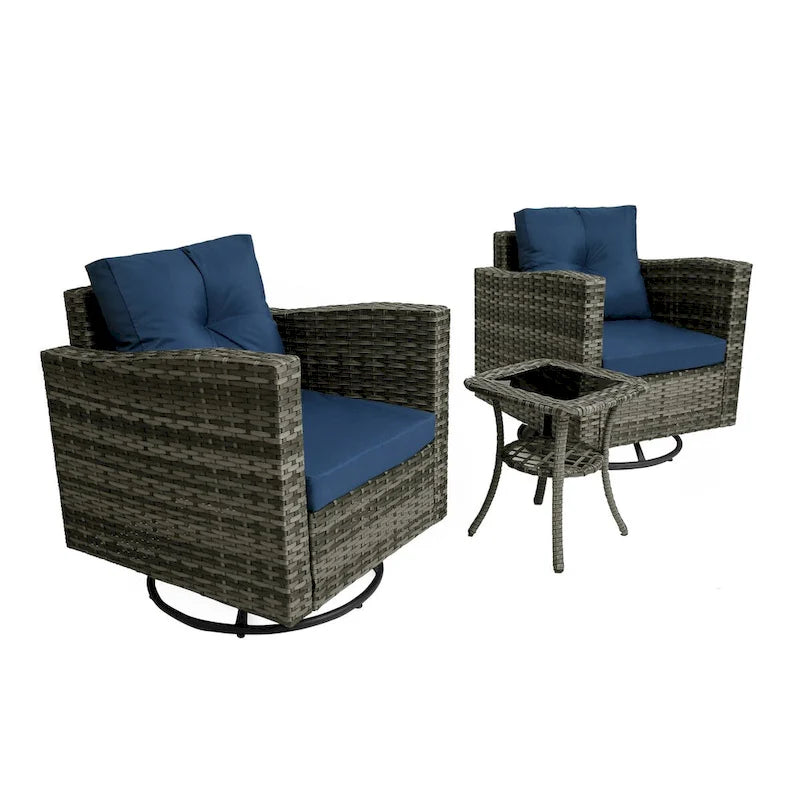 Outdoor 3-piece Swivel Chair Cushioned Rattan Conversation Set