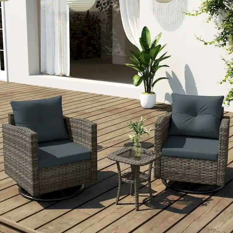 Outdoor 3-piece Swivel Chair Cushioned Rattan Conversation Set