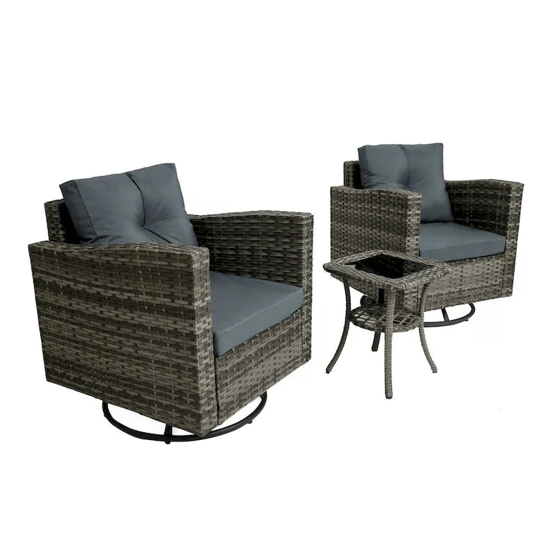 Outdoor 3-piece Swivel Chair Cushioned Rattan Conversation Set