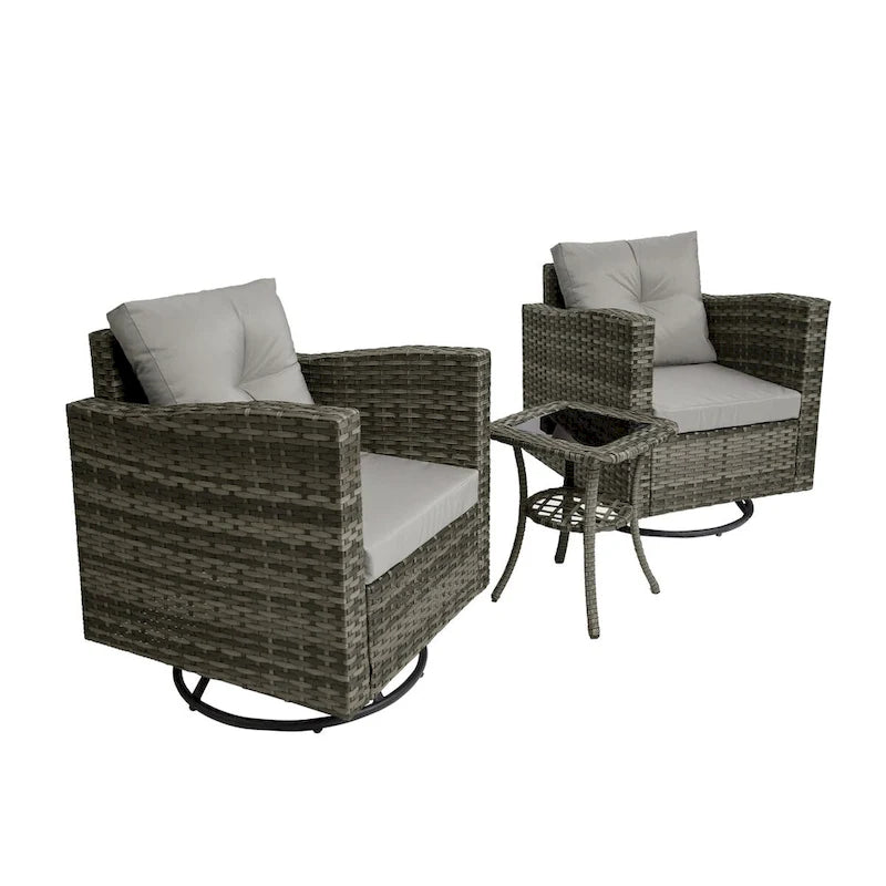 Outdoor 3-piece Swivel Chair Cushioned Rattan Conversation Set