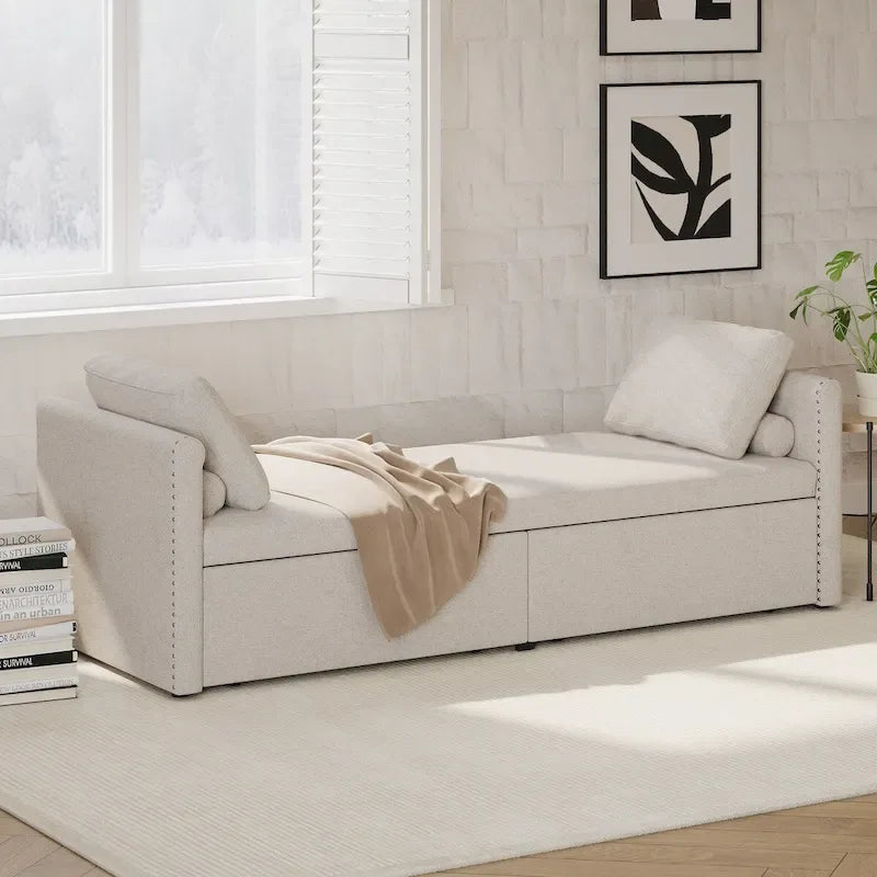 Linen Upholstered Daybed with 2 Storage Drawers – Beige / Grey / Pink, Single
