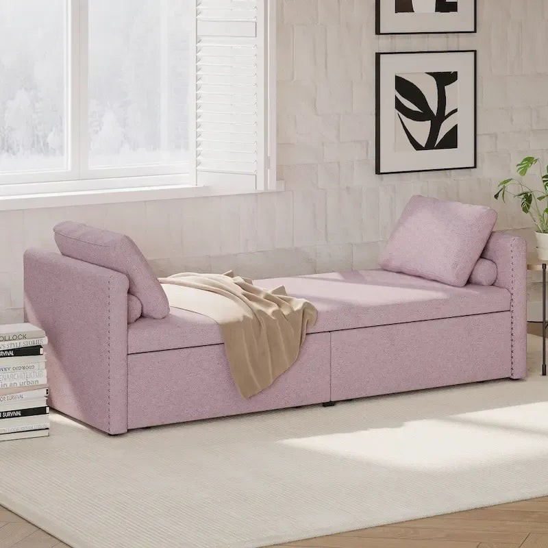 Linen Upholstered Daybed with 2 Storage Drawers – Beige / Grey / Pink, Single