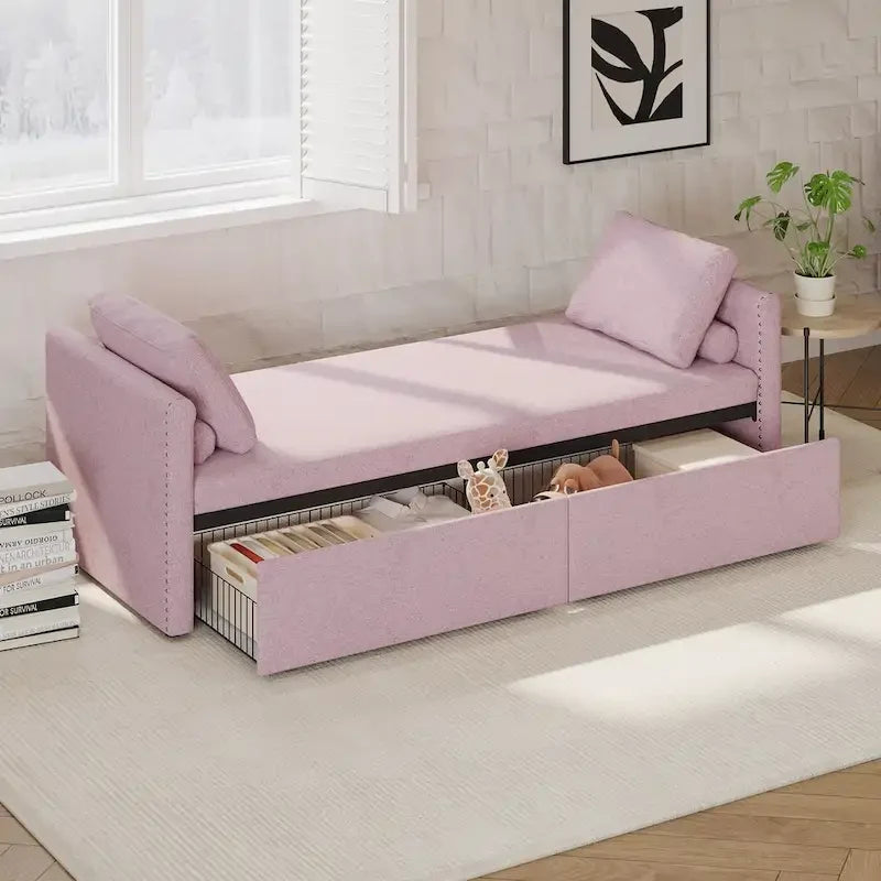 Modern Upholstered Chaise Lounger Daybed Small Single Daybed with 2 Drawers for Living Rooms