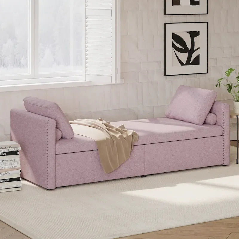 Linen Upholstered Daybed with 2 Storage Drawers – Beige / Grey / Pink, Single