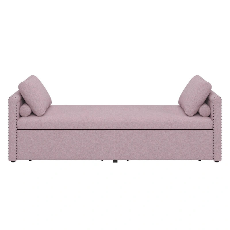 Linen Upholstered Daybed with 2 Storage Drawers – Beige / Grey / Pink, Single