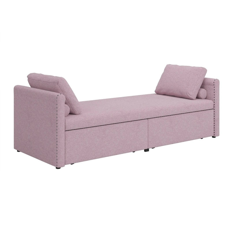 Linen Upholstered Daybed with 2 Storage Drawers – Beige / Grey / Pink, Single