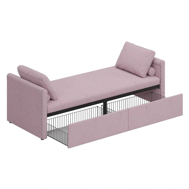 Linen Upholstered Daybed with 2 Storage Drawers – Beige / Grey / Pink, Single