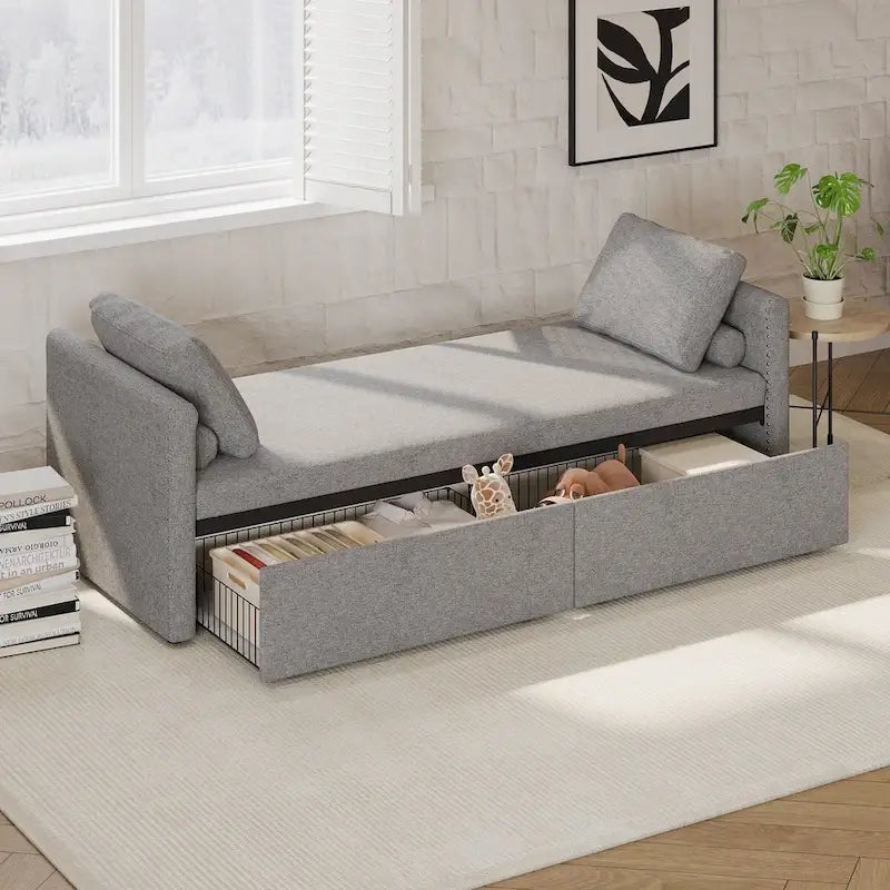 Linen Upholstered Daybed with 2 Storage Drawers – Beige / Grey / Pink, Single