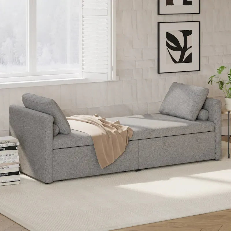 Linen Upholstered Daybed with 2 Storage Drawers – Beige / Grey / Pink, Single