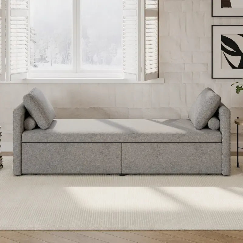 Linen Upholstered Daybed with 2 Storage Drawers – Beige / Grey / Pink, Single