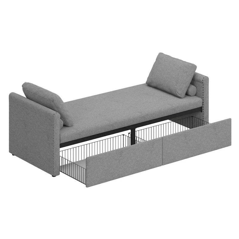 Linen Upholstered Daybed with 2 Storage Drawers – Beige / Grey / Pink, Single