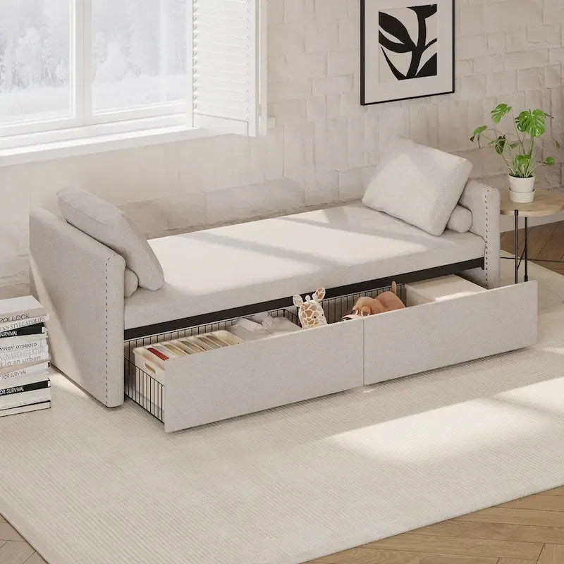 Linen Upholstered Daybed with 2 Storage Drawers – Beige / Grey / Pink, Single