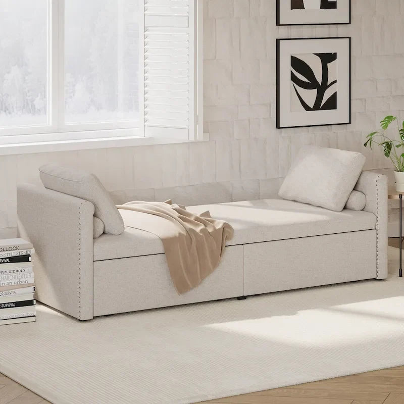 Linen Upholstered Daybed with 2 Storage Drawers – Beige / Grey / Pink, Single
