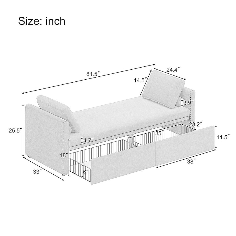 Linen Upholstered Daybed with 2 Storage Drawers – Beige / Grey / Pink, Single