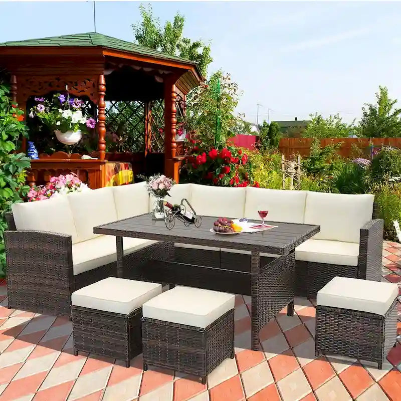 7 PCS Patio Furniture Rattan Set Conversation Sofa Coffee Table
