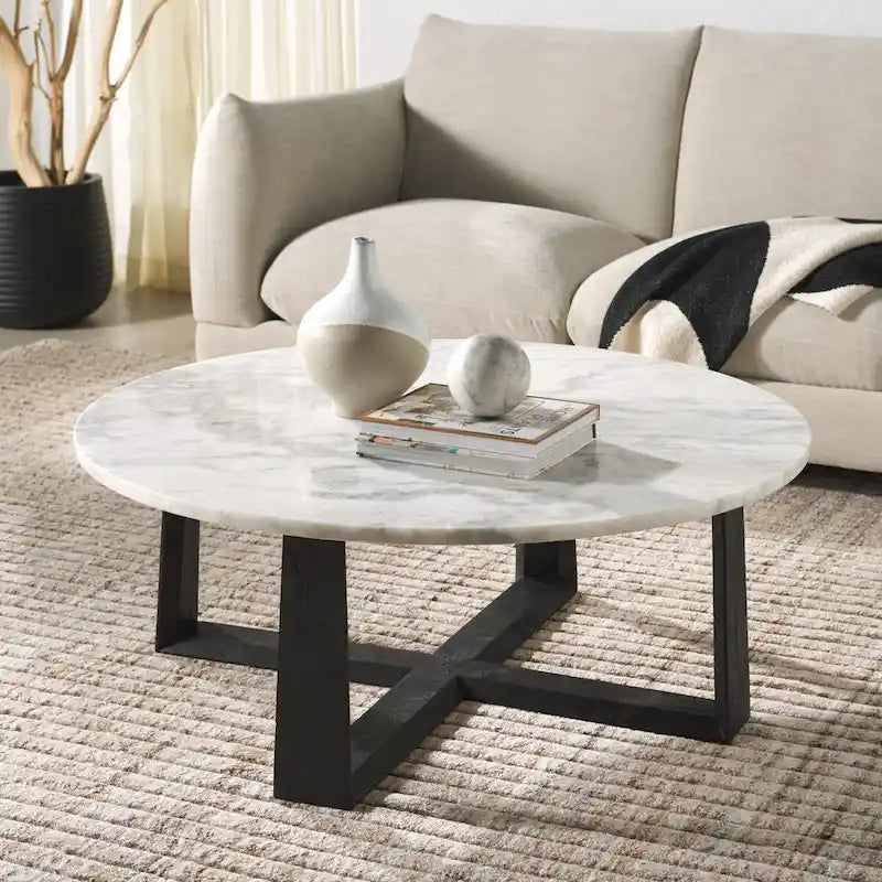 Round Marble Top Coffee Table with Acacia Wood Legs – White/Natural / White/Black