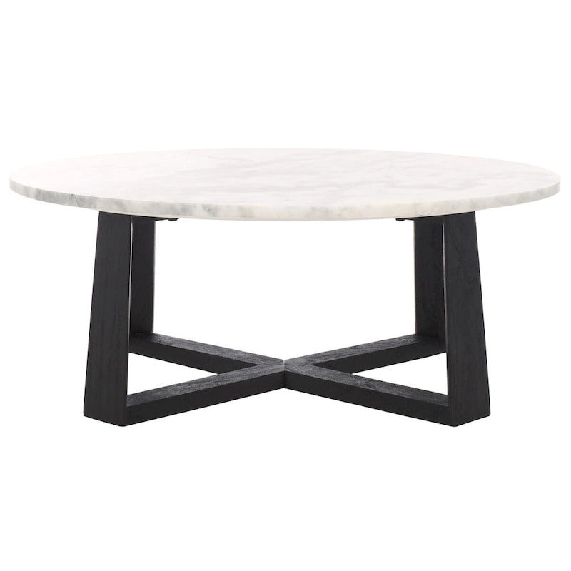 Round Marble Top Coffee Table with Acacia Wood Legs – White/Natural / White/Black